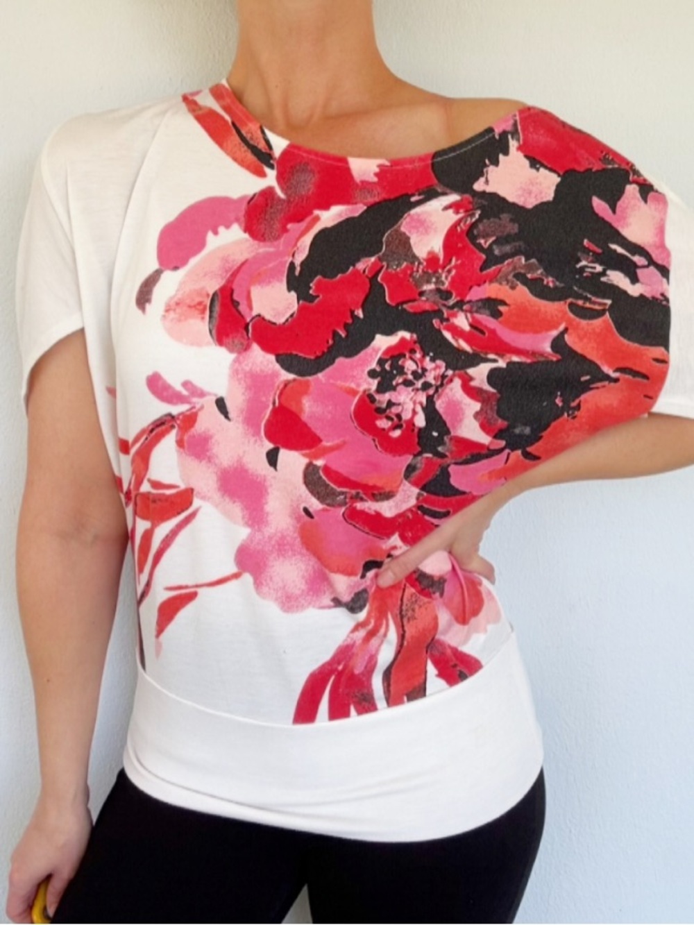 Skye’s the Limit white pink floral off-shoulder dolman stretch blouse medium